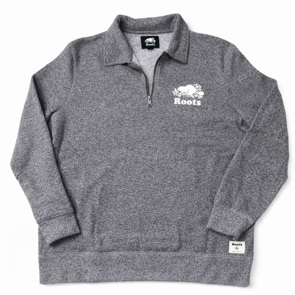 Roots Quarter Zip Sweatshirt XL Gray Salt Pepper Pullover Logo Cozy Fleece